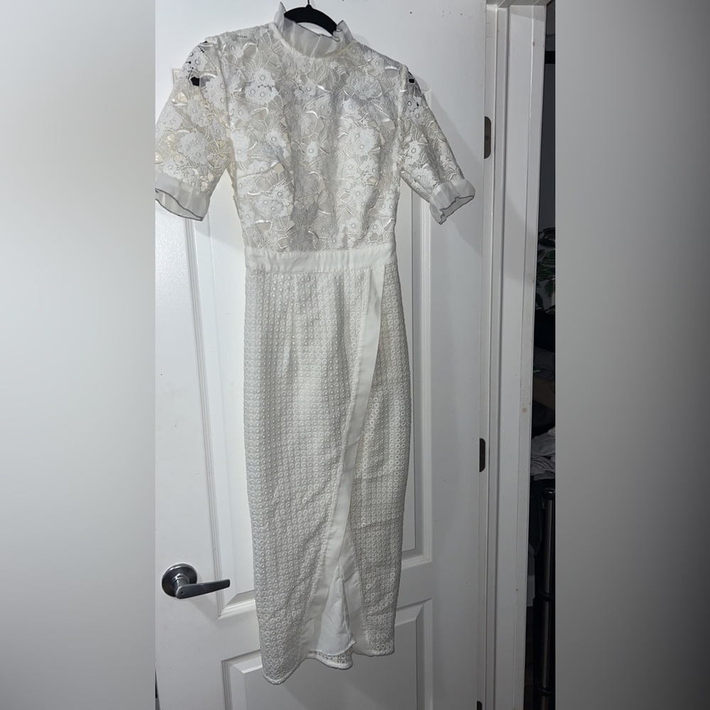 White lace upper and solid bottom midi dress.